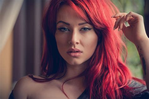 Wallpaper Face Women Redhead Model Nose Rings Long Hair Tattoo Black Hair Piercing