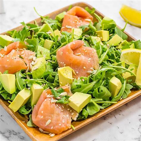Food nutrition information for salmon salad, how many calories in salmon salad. Smoked Salmon, Avocado & Rocket Salad - Super Healthy ...