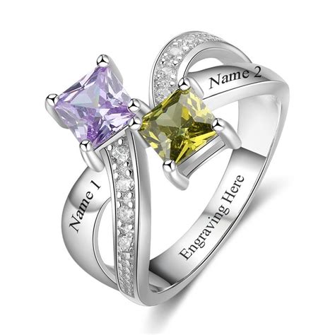 Personalized Silver Knot Princess Cut 2 Stones Birthstone Ring In 925