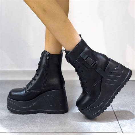 Platform Motorcyle Boots Wedges Womens Boots Lace Up Belt Etsy