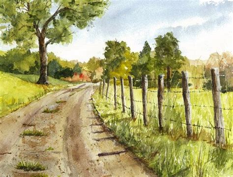 Original Watercolor Painting Landscape Painting Country Road Rural