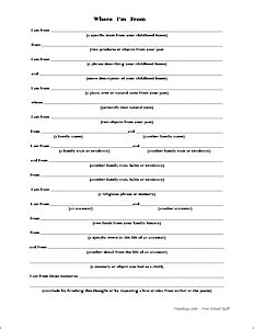 Enter words into the form and generate your own sad, humorous, or romantic poem easily and quickly. Where I'm From poem template. PDF at the link. Easily ...