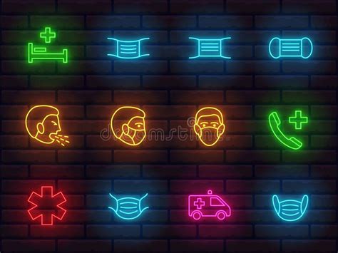 Medical Topic Colorful Neon Icons Set On A Brick Wall Background
