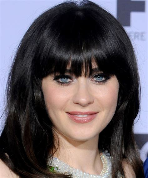 Zooey Deschanel Long Straight Casual Hairstyle With Blunt Cut Bangs