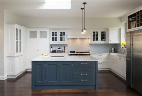 As a traditional color comparable to black, navy blue works well on kitchen cabinets, walls, appliances, tiles, and accessories. Blue island painted in Farrow & Ball Railings. Cupboards ...