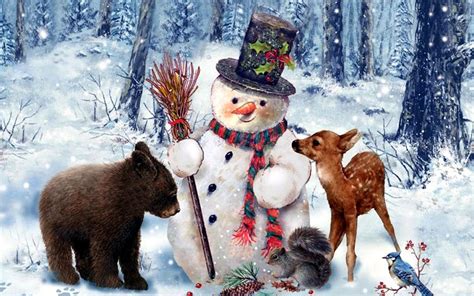 Best Friends Wide Cute Painting Snowman Winter Animal Deer Dog