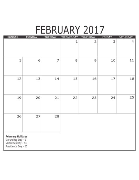 February 2017 Calendar Template Free Download