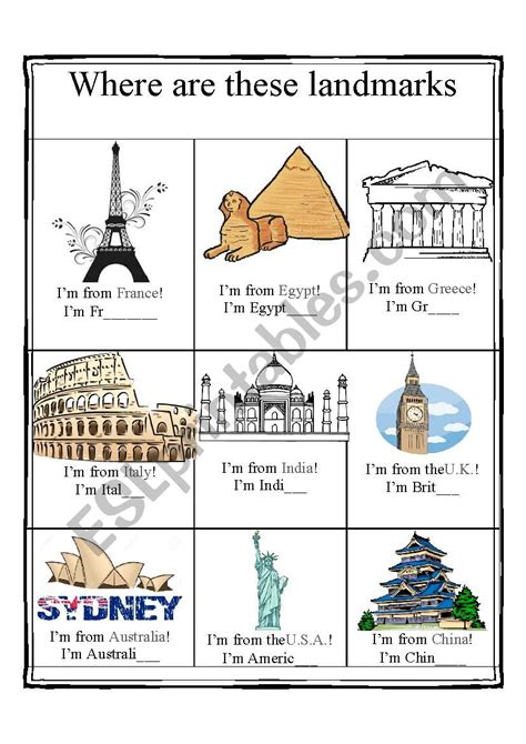 Famous Landmarks Countries And Nationalities Esl Worksheet By Jnkar