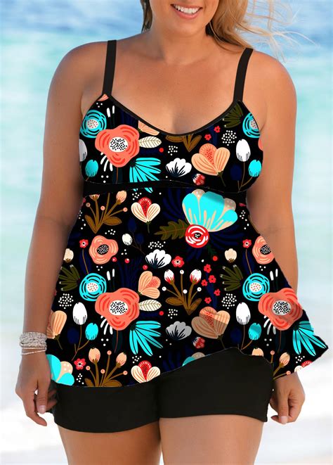 Rotita Plus Size Floral Print Wide Strap Swimdress And Shorts Rotita Usd