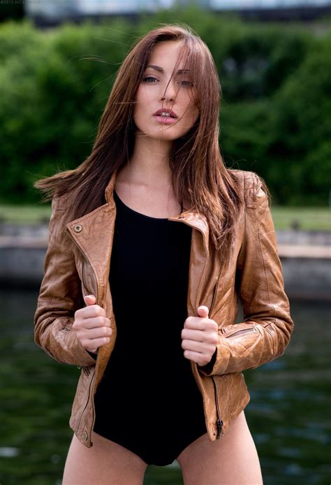 Michaela Isizzu Erotica Bodysuit Vest Leather Jacket Lady Model