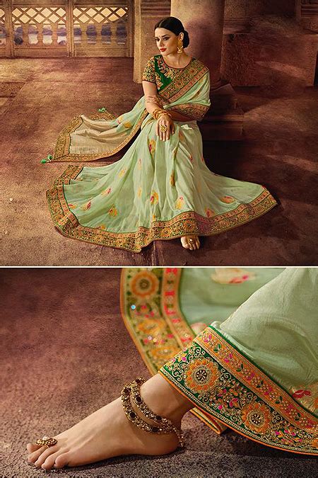 Buy Light Mint Banarasi Silk Embroidered Saree Online Like A Diva