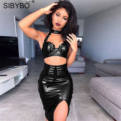 Best Sibybo Strapless Halter Pu Leather Two Piece Set Dress Women Open Slit Sheath Backless Sexy