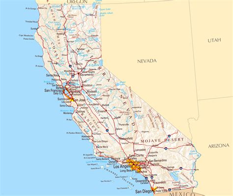 Large road map of California sate with relief and cities | Vidiani.com ...