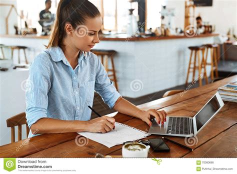 Learning Studying Woman Using Laptop Computer At Cafe