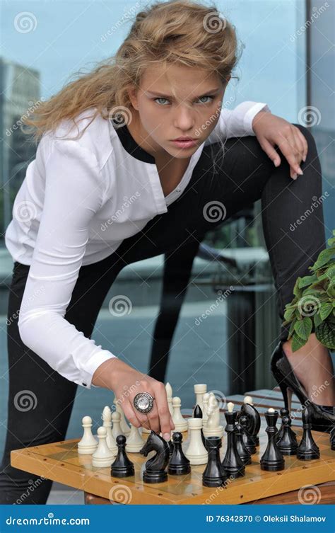 Fashion Model Bent Over A Chessboard Stock Photo Image Of Happy