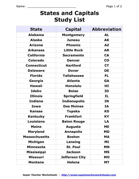 List Of 50 States And Capitals Printable