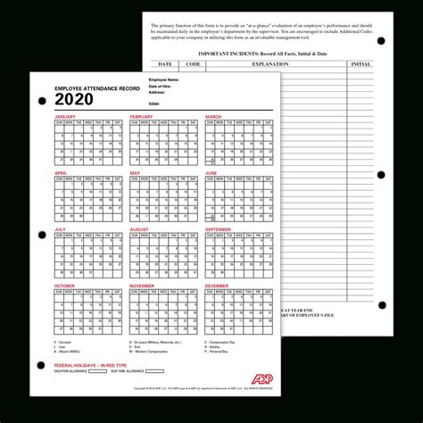 Employee Attendance Calendar 2020 Printable Free
