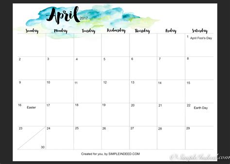 Watercolor Design Wall Planner April 2017 Simple Indeed