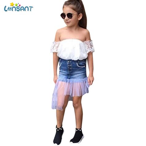 Lonsant Fashion Children Clothing Sets Kids Baby Girls Denim Skirt Suit