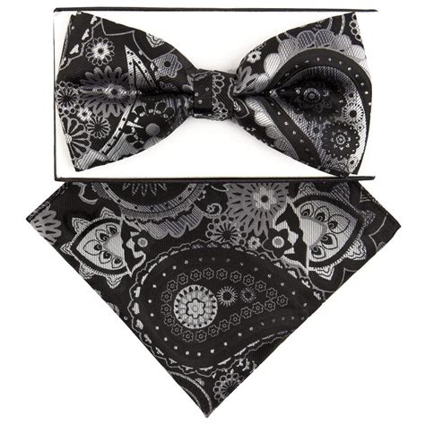 Classico Italiano Black Silver Grey Floral Paisley Silk Bow Tie