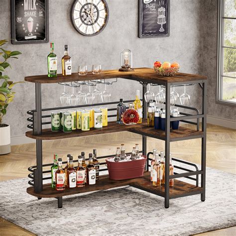 Tribesigns 3 Tier L Shaped Home Bar Unit Bar Table With Glasses Holder