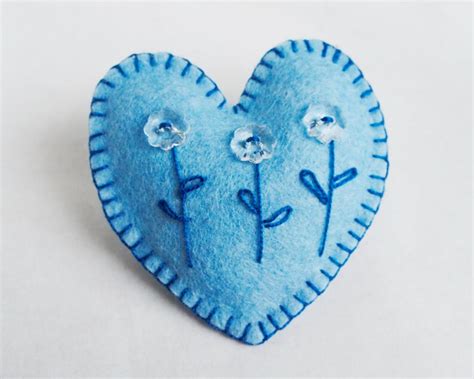 Heart Ornament Felt Set Of 3 Blue Button Flower Handmade Etsy