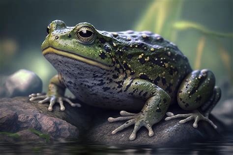 Una Rana Verde Se Sienta En Una Piedra En Un Estanque Ia Generativa