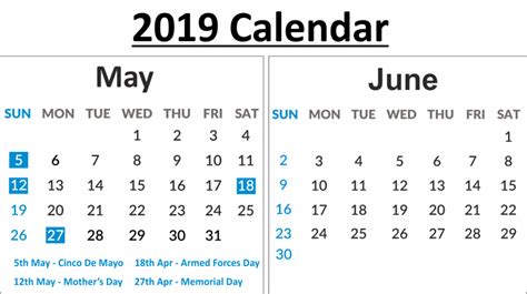 Free May And June 2019 Printable Calendar Templates
