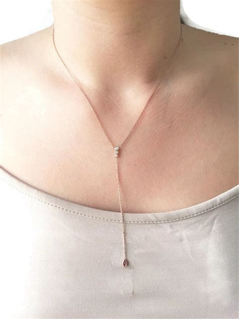 Gold Diamond Ruby Lariat Necklace Dainty Y Lariat Necklace Etsy