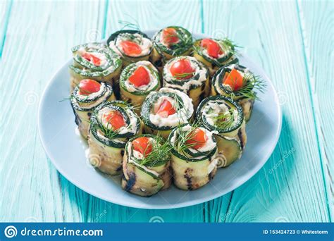 Zucchini Rolls With Cream Cheese Tomatoes And Dill Stock Image