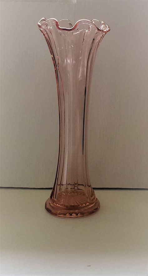 pink depression glass footed and vertically ribbed bud vase etsy
