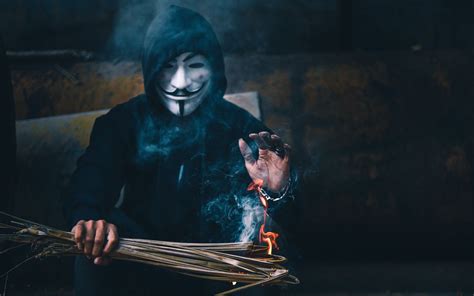 Download Wallpaper 3840x2400 Mask Anonymous Hood Fire