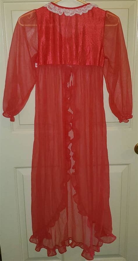 vintage 60s sexy red sheer and white lace ruffled robe small etsy