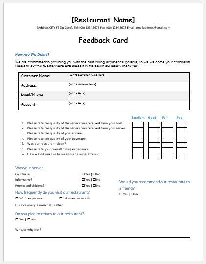 Restaurant Customer Feedback Forms Ms Word Word And Excel Templates