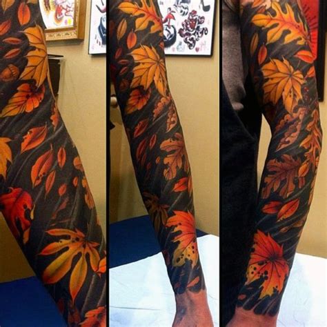 Autumn Colored Leaves Sleeve Detailed Realistic Tattoo Tattooimagesbiz