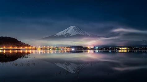 Mount Fuji Reflected In Lake Kawaguchi At Night Japan Backiee
