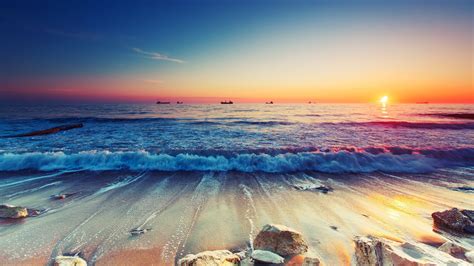 Beach Waves Sunset Wallpaper