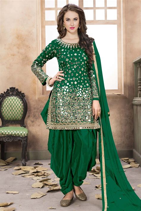 Taffeta Silk Mirror Work Patiala Suit In Green Colour Patiala Dress Stylish Dresses Indian