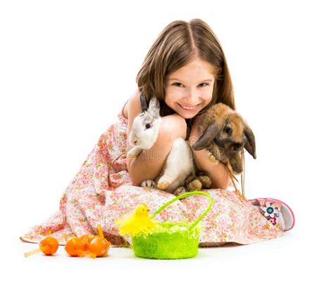 Little Girl With Her Two Rabbits Stock Image Image Of Looking Multi