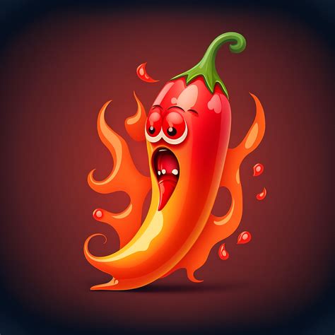 Spicy Chili Pepper With Eyes Breathing Red Fire Vector Clip Art Illustration With Simple