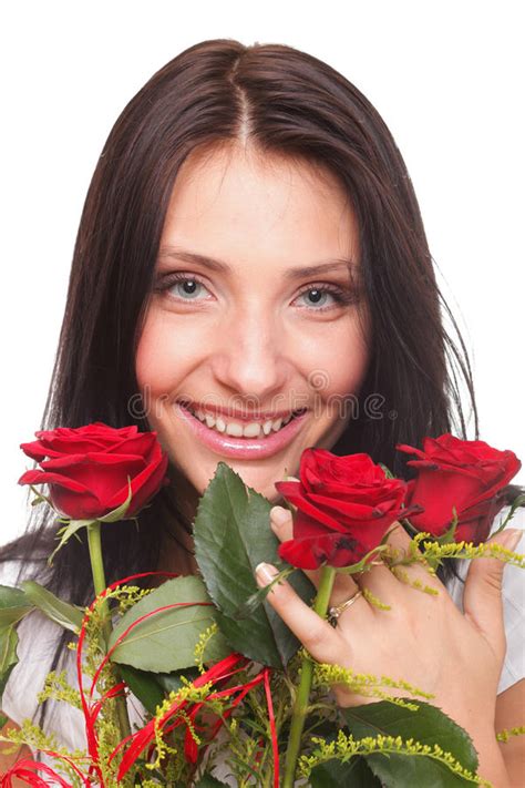 Closeup Portrait Of Attractive Young Woman Holding A Red Rose Stock