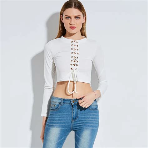 Usualyeah White Black Lace Up Crop Tops Spring Autumn Long Sleeve Casual Cropped Short T Shirt