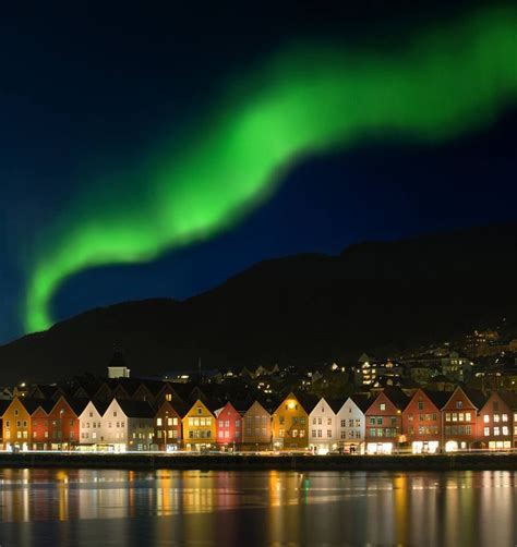 Northern Lights Aurora Over Bryggen In Bergen Norway Northern Lights