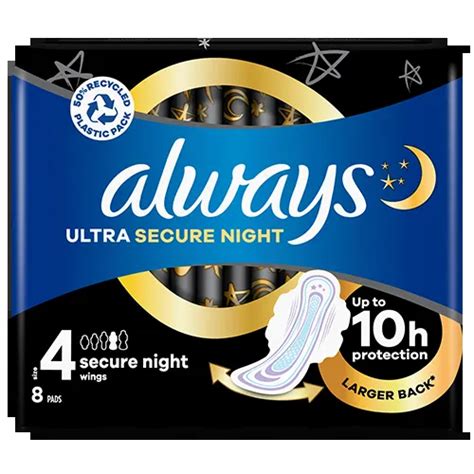 always ultra secure night size 4 sanitary pads with wings always