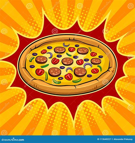 Round Pizza Pop Art Vector Illustration Stock Vector - Illustration of