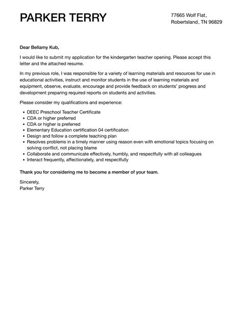 Kindergarten Teacher Cover Letter Velvet Jobs