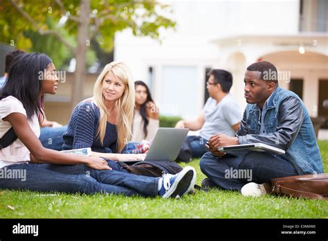 Group Of University Students Working Outside Together Stock Photo Alamy