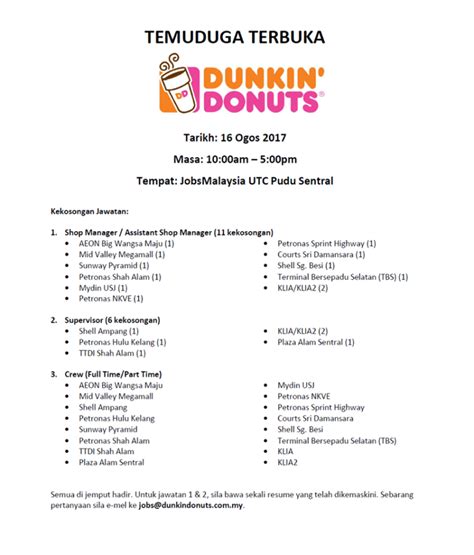 Indeed may be compensated by these employers, helping keep indeed free for jobseekers. Job Vacancies 2017 at Dunkin'Donuts Malaysia - Jawatan ...