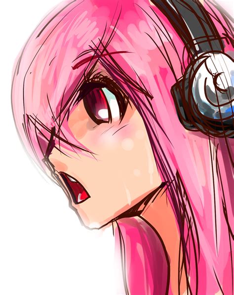 the big imageboard tbib 1girl breasts headphones long hair nitroplus pink hair red eyes
