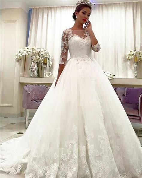 Lace Bridal Dresses With Long Sleeves Princess Wedding Gown Online